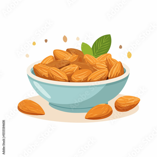 A bowl of whole almonds, a nutritious and healthy snack. Vector illustration of nuts in a ceramic dish with a fresh leaf, isolated on a white background.