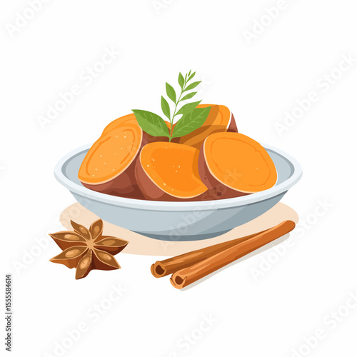 A delicious bowl of candied sweet potatoes garnished with fresh herbs and served with aromatic cinnamon sticks and star anise.