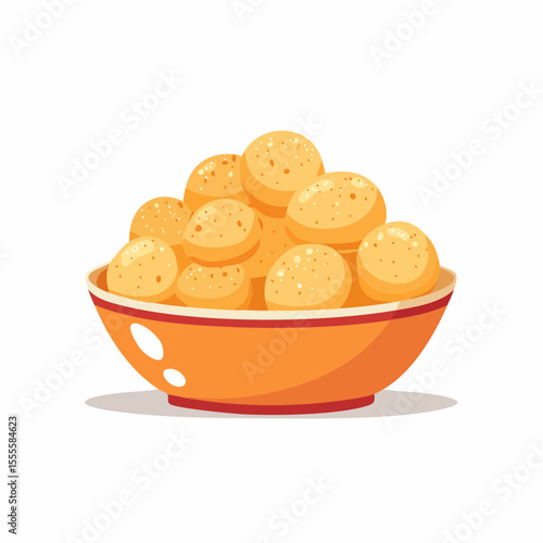 A delicious bowl of golden cheese bread puffs, a popular savory baked snack. Cartoon vector illustration of traditional Pão de Queijo.