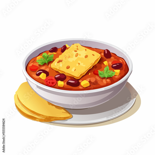 A flavorful illustration of a traditional bowl of chili con carne, a hearty Tex-Mex stew with beans and corn, garnished with a tortilla chip