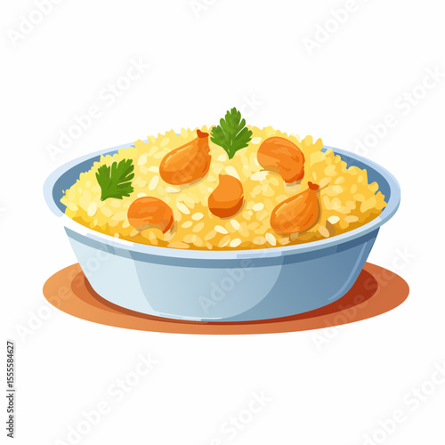 A nutritious bowl of savory yellow rice pilaf garnished with cashews and fresh parsley. A culinary concept illustration.
