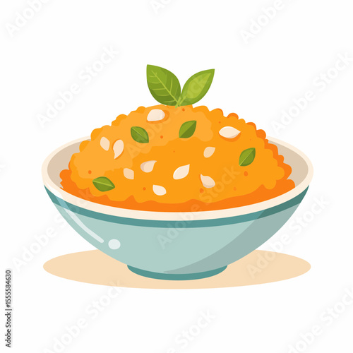 A delicious bowl of savory pumpkin porridge with seeds and a fresh basil garnish. A healthy and nutritious meal concept illustration.