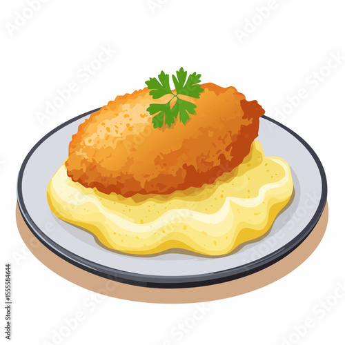 Golden fried chicken cutlet served on a bed of creamy mashed potatoes, garnished with fresh parsley. Classic comfort food illustration.