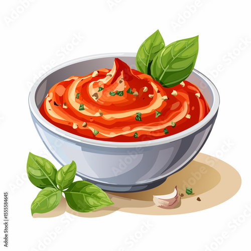 Classic red tomato sauce with fresh basil and garlic in a white bowl. Healthy homemade condiment illustration for Italian cuisine.