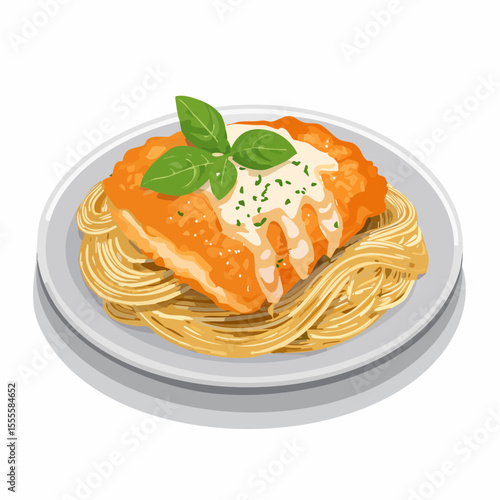 A savory illustration of a golden-fried chicken cutlet served over spaghetti, topped with a creamy sauce and fresh basil.