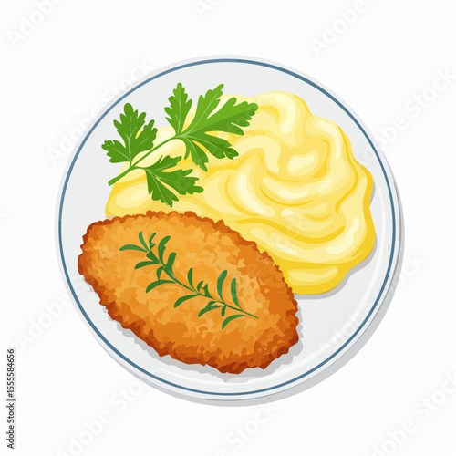 Top view of a classic dinner plate with a crispy breaded cutlet and creamy mashed potatoes garnished with herbs