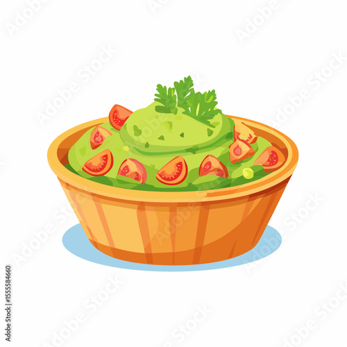 A delicious bowl of fresh guacamole topped with diced tomatoes and cilantro. A classic Mexican food appetizer illustration.