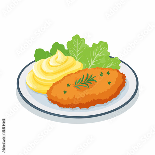 Hearty homemade meal featuring a golden fried cutlet, creamy mashed potatoes, and fresh greens on a plate