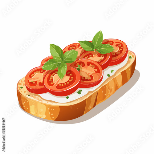 Classic Italian bruschetta with fresh tomatoes, basil, and cheese on toasted bread. A healthy appetizer illustration.