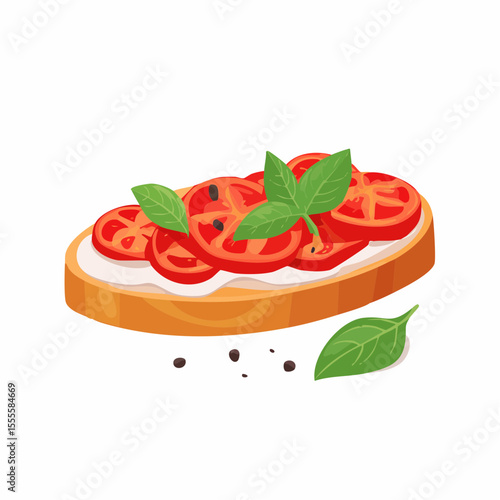 Italian bruschetta with sliced tomatoes, cream cheese, and fresh basil. A classic appetizer or healthy snack on toasted bread.