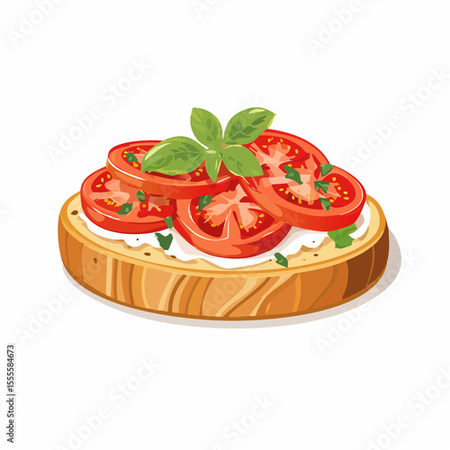 Classic Italian bruschetta toast with fresh ripe tomatoes, soft cheese, and basil. A concept for a healthy Mediterranean appetizer.