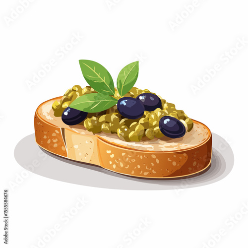 Gourmet bruschetta with olive tapenade, black olives, and fresh basil. An illustration of a classic Italian appetizer.