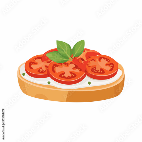 Classic Italian bruschetta with fresh sliced tomatoes, cream cheese, and a sprig of basil. A delicious and healthy appetizer.