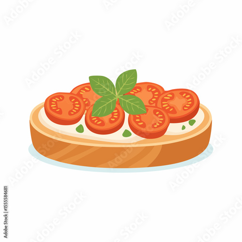 Classic Italian bruschetta with fresh sliced tomatoes and basil on toast. A traditional appetizer concept for wholesome eating.
