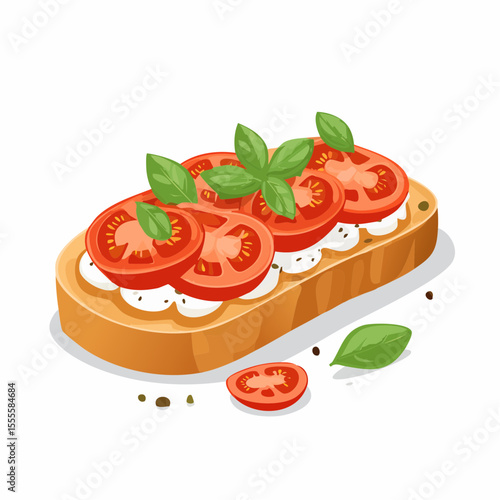 Appetizing bruschetta toast with ripe tomato, soft cheese, and green basil. Fresh and healthy Italian appetizer illustration.
