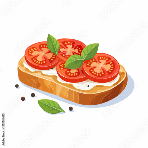Gourmet Italian bruschetta with fresh tomato slices, cream cheese, and basil. A concept for a healthy and simple appetizer or snack.