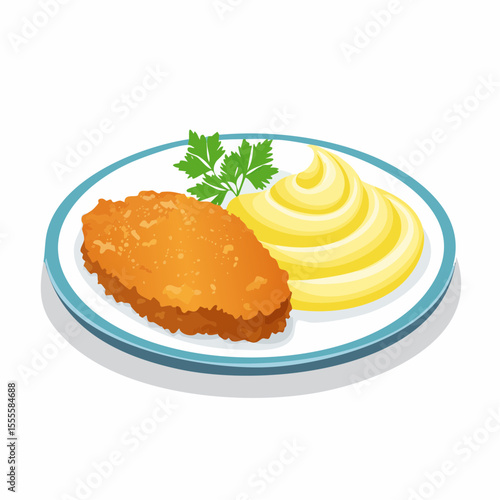 A classic dinner plate featuring a golden-brown breaded cutlet with a side of creamy mashed potatoes and parsley garnish.