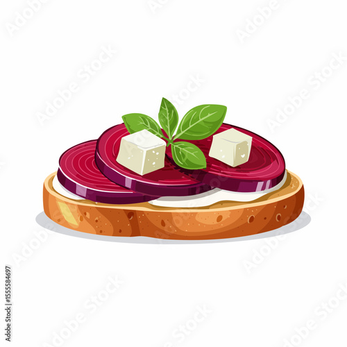 Italian bruschetta appetizer with sliced beetroot, feta cheese, and basil garnish. A concept of gourmet vegetarian food.