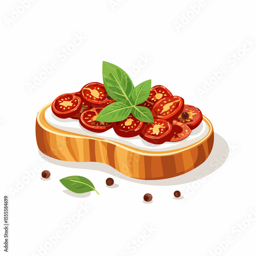 Delicious Italian bruschetta appetizer with cream cheese, sliced cherry tomatoes, and fresh basil leaves on toasted bread.