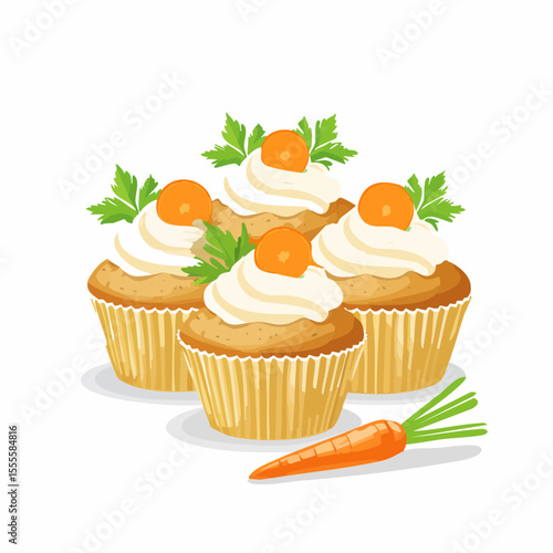 Delicious carrot cupcakes with cream cheese frosting, garnished with parsley. A fresh carrot lies nearby. Vector illustration of a sweet homemade dessert.