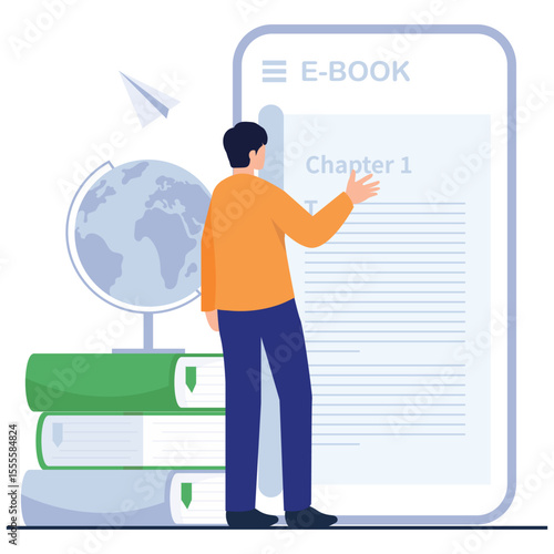 School Learning Illustration. Vector illustration of A learner viewing an electronic textbook on a giant screen beside study materials and a globe. Isolated on background