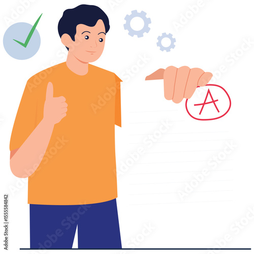 School Learning Illustration. Vector illustration of A happy student proudly shows off an exam paper with an A grade and a thumbs up. Isolated on background