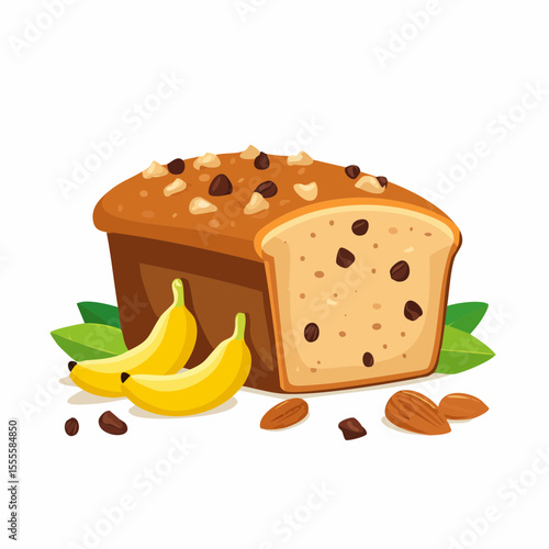 A sweet homemade banana bread loaf with chocolate chips and nuts. An illustration of a delicious baked dessert.