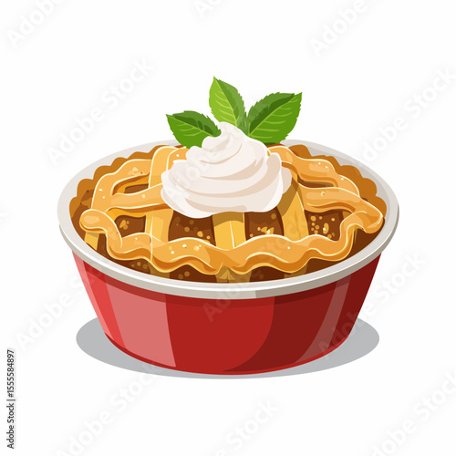 A delicious homemade apple pie with a golden lattice crust, topped with a dollop of whipped cream and fresh mint garnish. A comforting dessert concept.