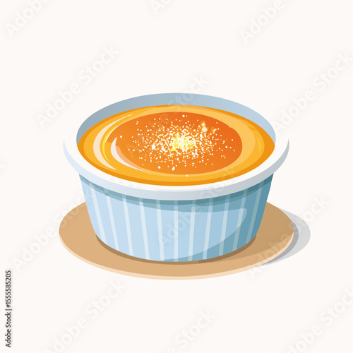Classic French crème brûlée dessert illustration. A rich custard with a crispy caramelized sugar top, served in a traditional striped ramekin. Gourmet food icon.