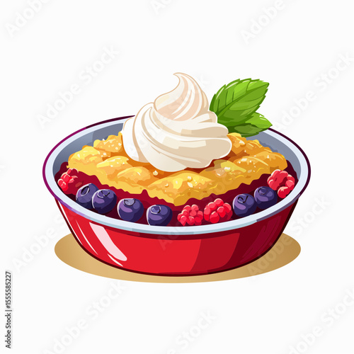 A delicious homemade berry crumble with raspberries and blueberries, topped with sweet whipped cream and a mint leaf garnish