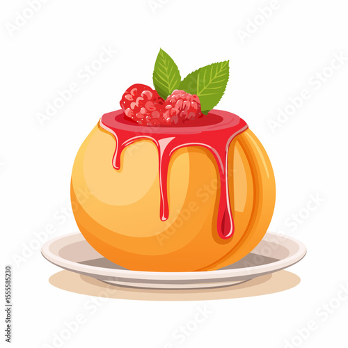 Wholesome baked apple dessert filled with sweet raspberry coulis and garnished with fresh berries and mint leaves.