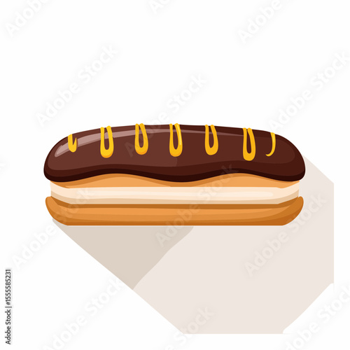 A sweet French eclair pastry with chocolate icing and cream filling. A flat design vector illustration with a long shadow.