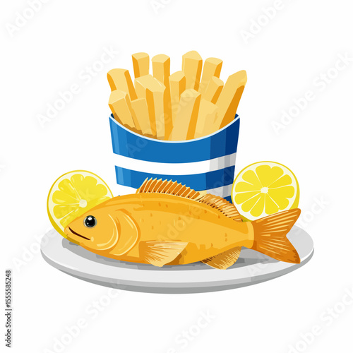 A classic British dish of fish and chips served on a plate with fresh lemon. A traditional takeaway meal illustration.