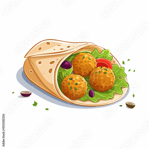 Delicious falafel wrap with fresh lettuce and tomatoes. A healthy vegetarian street food sandwich illustration.
