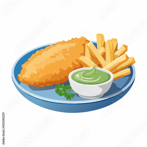 Golden battered fish and crispy chips served on a blue plate with a side of green dipping sauce. Classic British seafood takeaway meal illustration.
