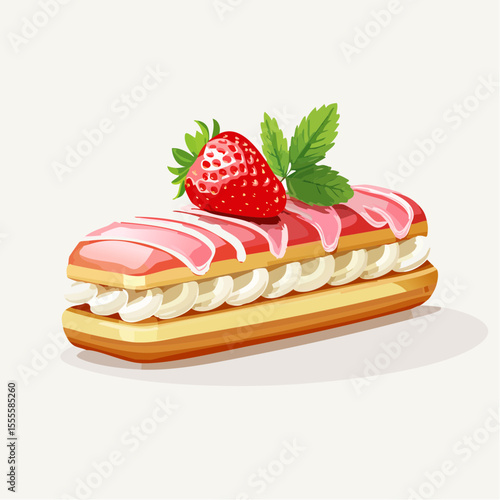 Gourmet strawberry eclair with whipped cream filling and pink glaze, a delicious pastry dessert vector illustration.