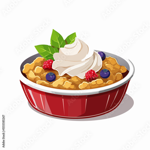 A delightful illustration of a warm berry crumble dessert with fresh fruit and whipped cream in a ceramic dish.