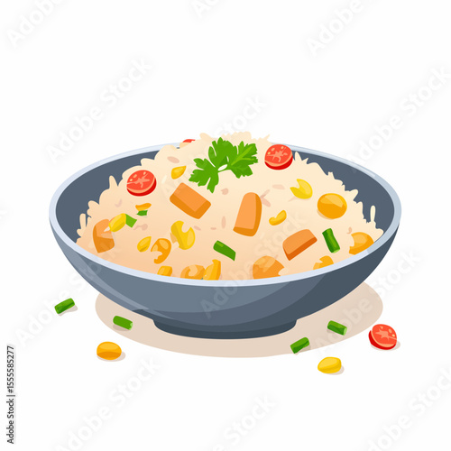 A delicious bowl of vegetable fried rice with carrots, corn, and tomatoes, served in a ceramic bowl. Asian cuisine concept illustration.