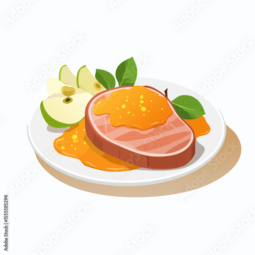 Delicious gourmet meal of roasted pork loin with sweet apple sauce. An illustrated dinner plate with ham and fresh fruit garnish.