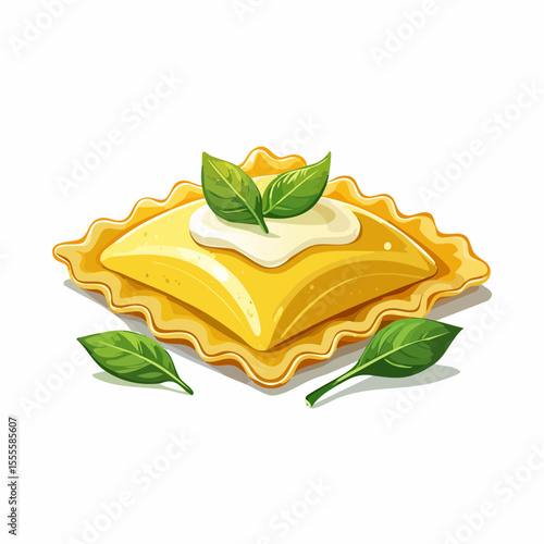 A gourmet illustration of a single ravioli pasta, garnished with creamy sauce and fresh green basil leaves, isolated on a white background.