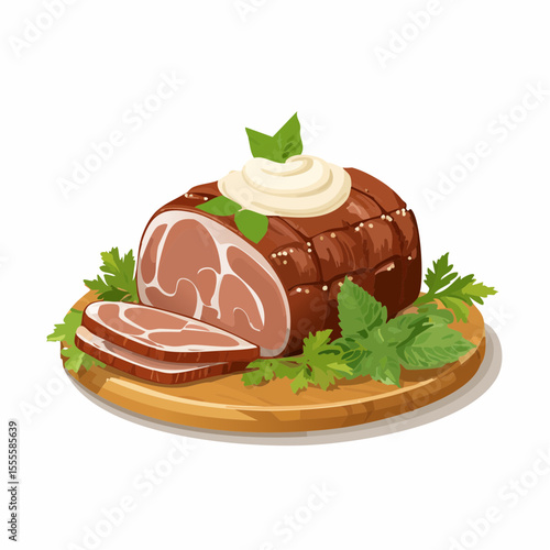 Gourmet roasted pork loin, sliced and served with a creamy sauce and fresh herbs on a wooden cutting board