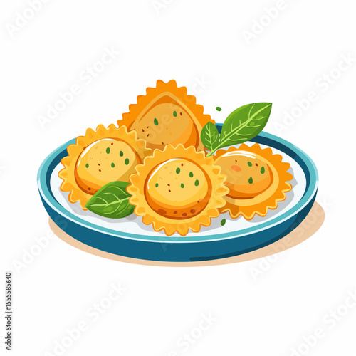 A delicious plate of traditional Italian ravioli pasta, garnished with fresh basil leaves and herbs, presented as a gourmet dish.