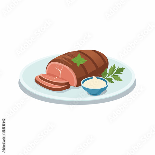 A savory illustration of a grilled meat roast, sliced and served on a plate with a side of creamy sauce for a delicious entree.
