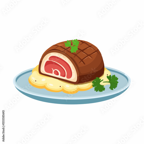A delicious homemade meatloaf slice, a gourmet beef roulade served on a bed of creamy purée with fresh parsley garnish