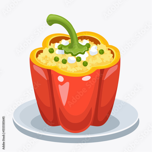 Illustration of a healthy vegetarian meal, a red bell pepper stuffed with couscous, peas, and feta cheese on a plate