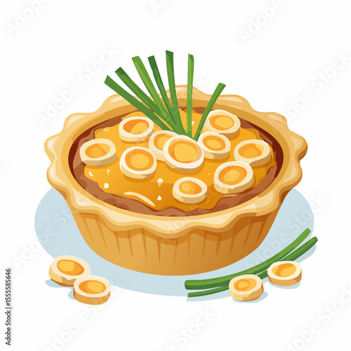 A delightful illustration of a savory leek tart in a fluted pastry crust, garnished with fresh chives and sliced leeks on top.