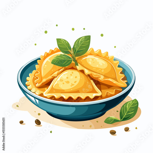 A delightful bowl of golden ravioli pasta topped with fresh basil leaves. A stylized illustration of classic Italian food.