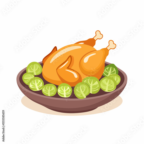A cartoon illustration of a golden roasted chicken served on a platter with fresh green Brussels sprouts, representing a festive holiday dinner.