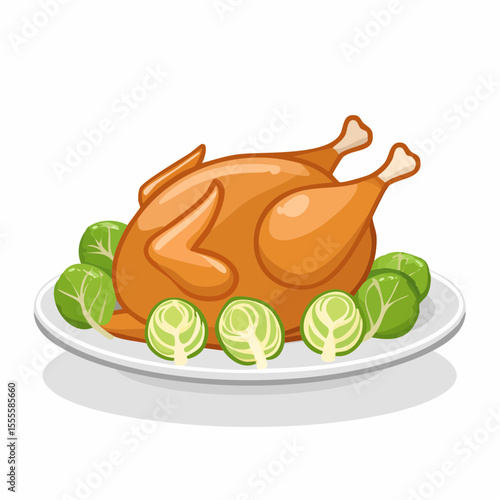 Golden roasted chicken served on a platter with brussels sprouts, an illustration for a traditional holiday dinner
