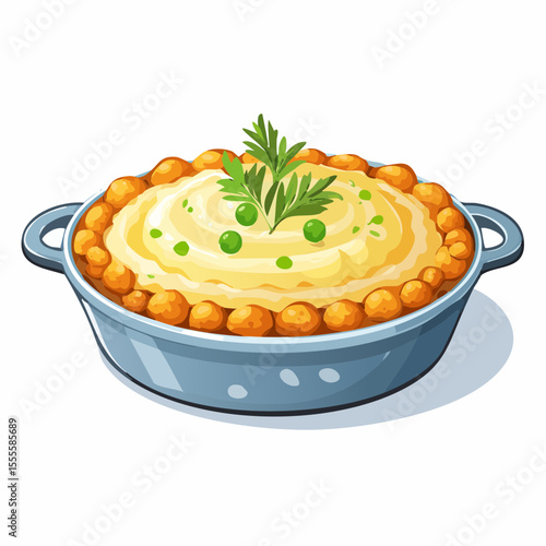 A delicious homemade shepherd's pie in a blue casserole dish, topped with creamy mashed potatoes, green peas, and fresh parsley.